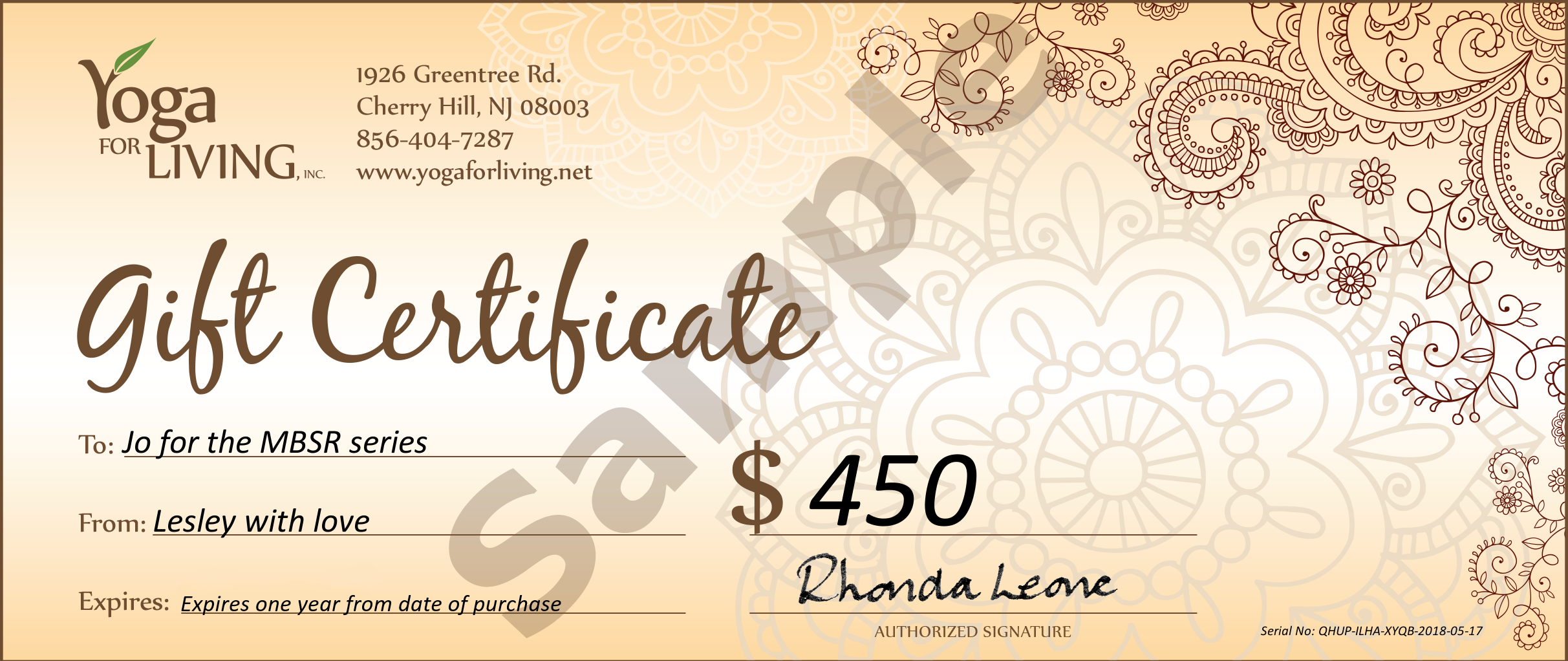 Gift Certifcates from Yoga For Living, Cherry Hill, South Jersey, NJ